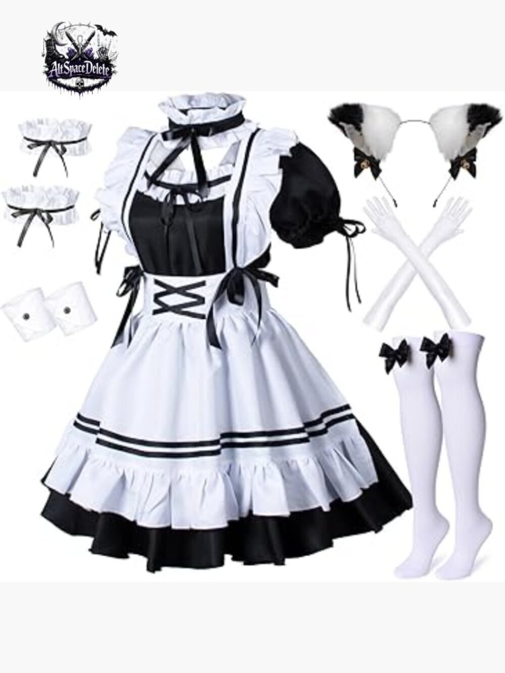 French Maid Cosplay Costume Set with Cat Ears Gloves Socks XL